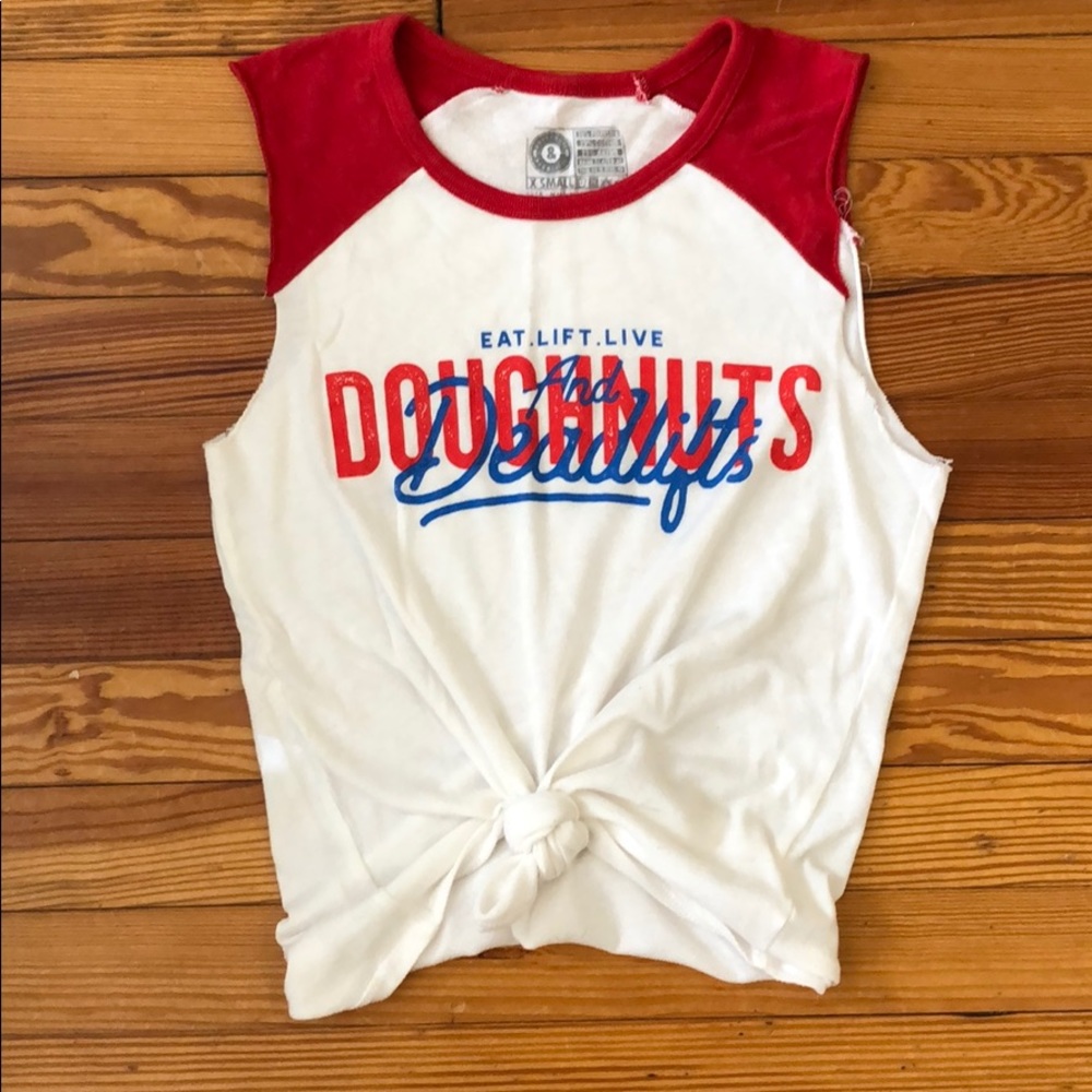 XS Doughnuts and Deadlifts tie knot baseball tee